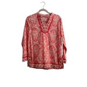 St Tropez West Tunic Top Coral Paisley Embroidered V Neck Long Sleeve Women S